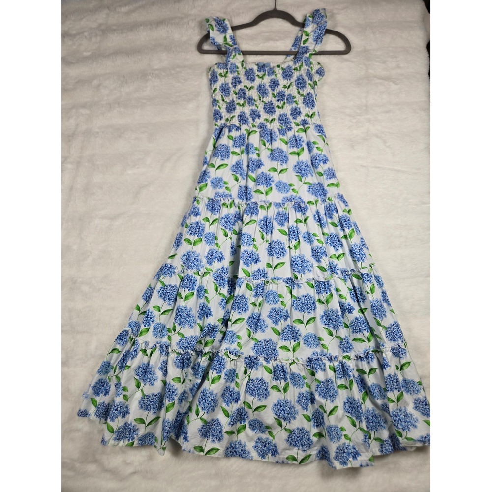 Nanducket Blue Hydrangea Floral Smocked Tiered Cotton Maxi Dress XS Garden Party - Picture 2 of 8